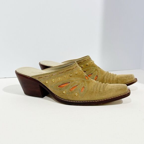 Cole Haan Womens Heels Mules D18363 US 8.5 B Tan Suede Slip-on Studded Leather - Picture 14 of 16